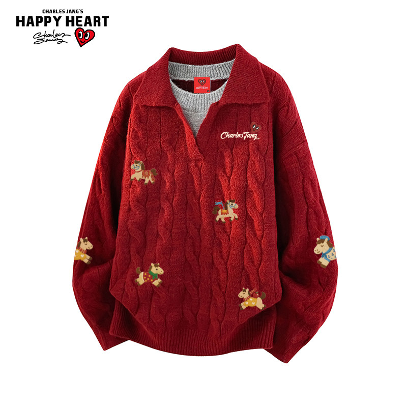 查尔斯桃心马年2026新款翻领假两件针织衫上衣男女冬季宽松毛衣