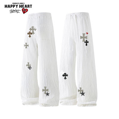 查尔斯桃心十字架印花纹理感休闲长裤子男女春秋季百搭宽松直筒裤