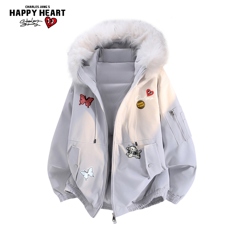 查尔斯桃心趣味印花毛领棉服冬季2025男女保