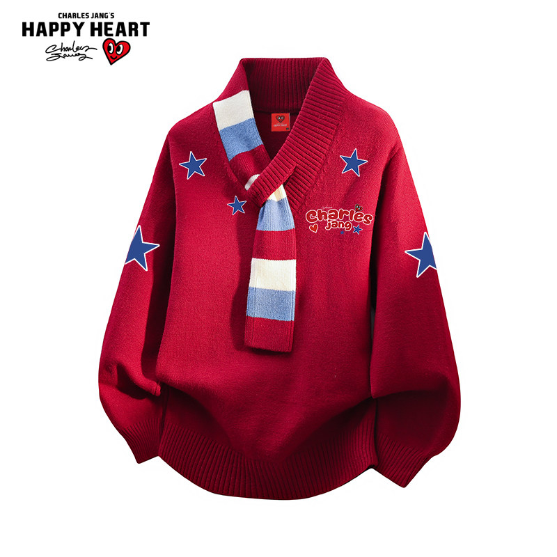查尔斯桃心星星印花圣诞红色毛衣男女冬季新款宽松围巾领针织衫潮,男装,针织衫/毛衣,淘宝优惠券,粉丝福利购,淘宝优惠卷