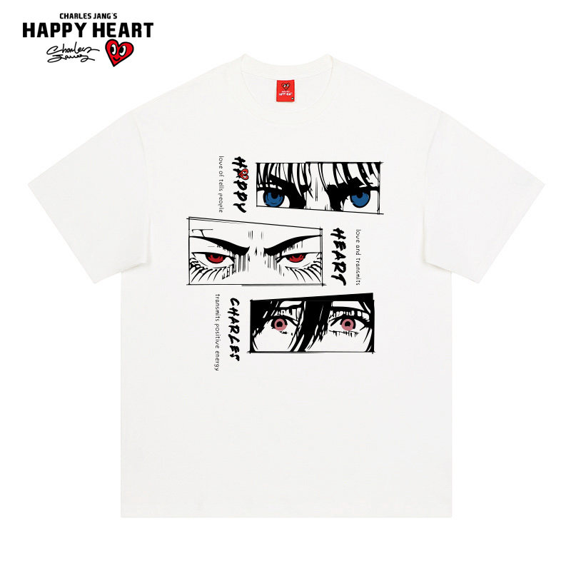 查尔斯桃心 美式动漫印花短袖t恤男2026年夏季圆领纯棉落肩无性