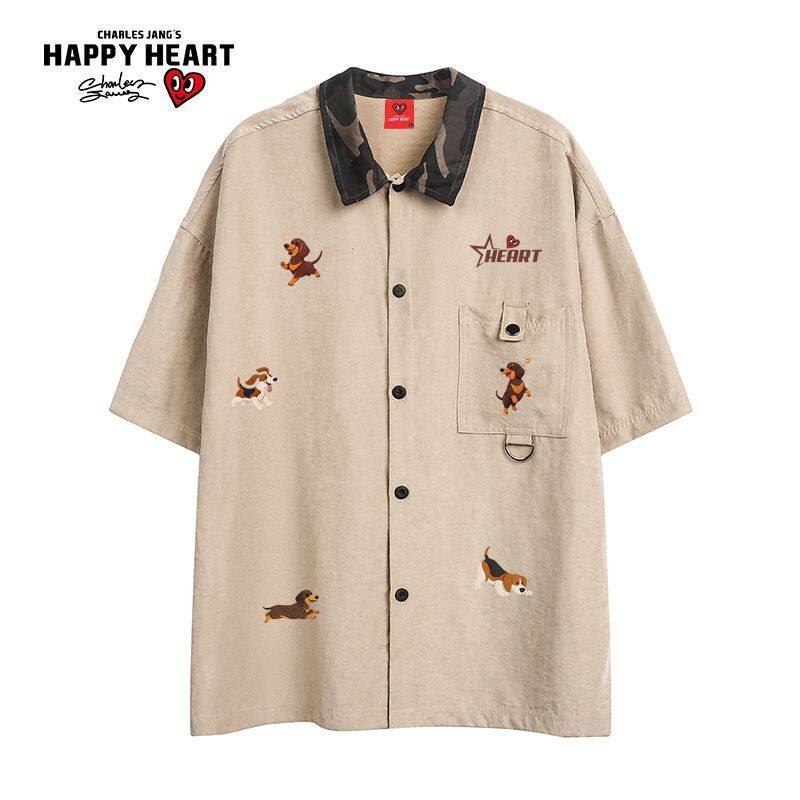 查尔斯桃心夏季美式复古腊肠狗印花透气吸汗拼接迷彩短袖衬衫T恤