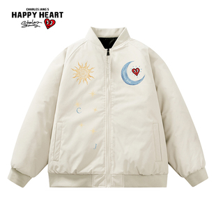 查尔斯桃心冬季新款加厚保暖棒球领面板服情侣零下抗寒棉服外套男