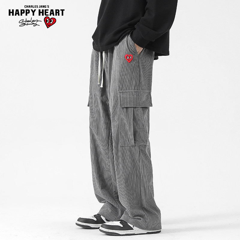 查尔斯桃心 灯芯绒休闲裤男2025春季垂感宽松多口袋工装阔腿长裤