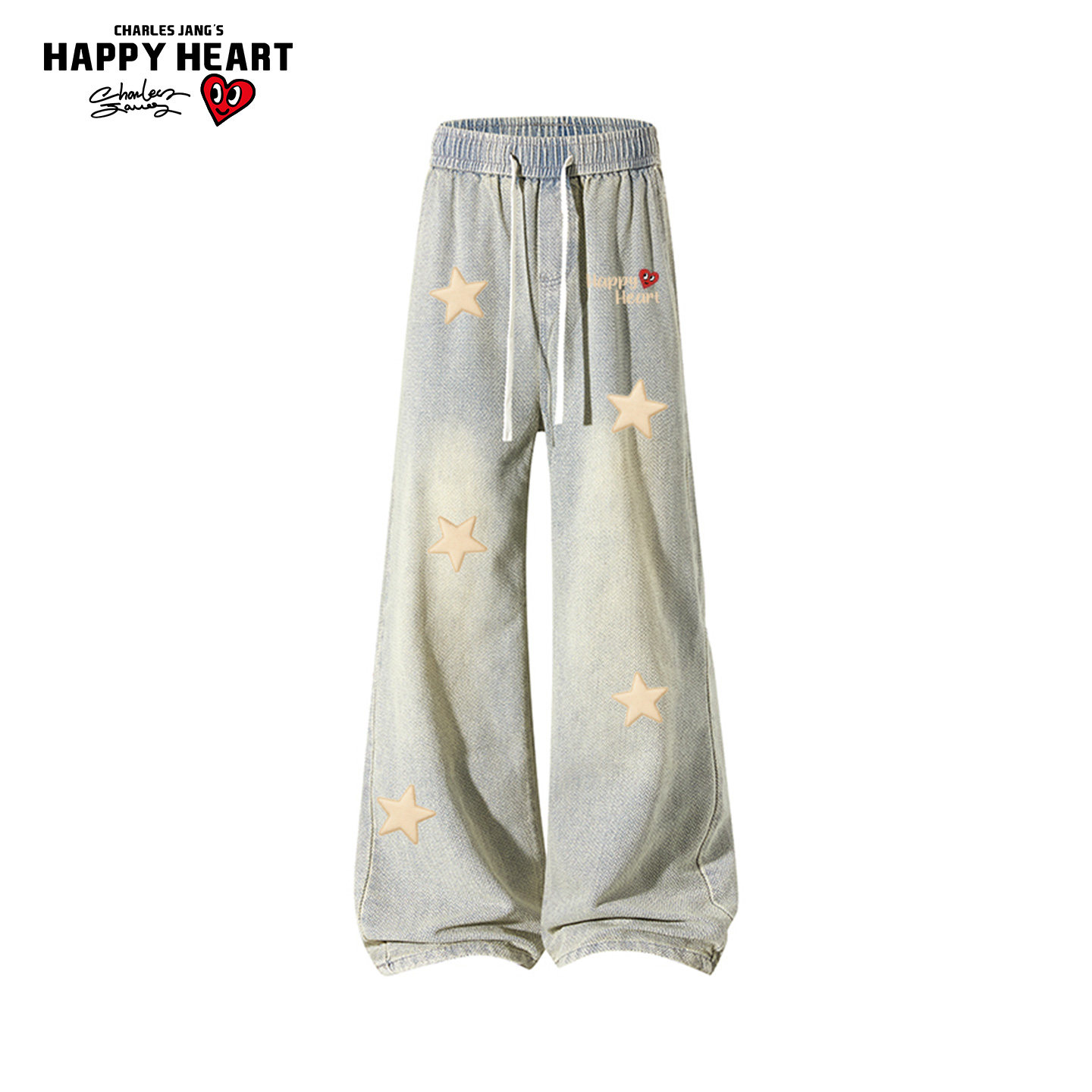 查尔斯桃心美式复古牛仔裤男春秋季休闲工装刺绣重磅直筒阔腿长裤