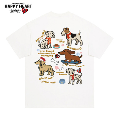 查尔斯桃心 休闲圆领短袖t恤男慵懒风可爱狗狗印花2025年夏季新款
