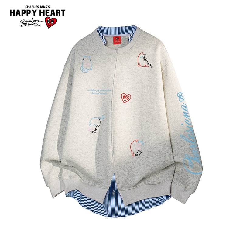 查尔斯桃心猫咪印花假两件拼接卫衣男女秋冬