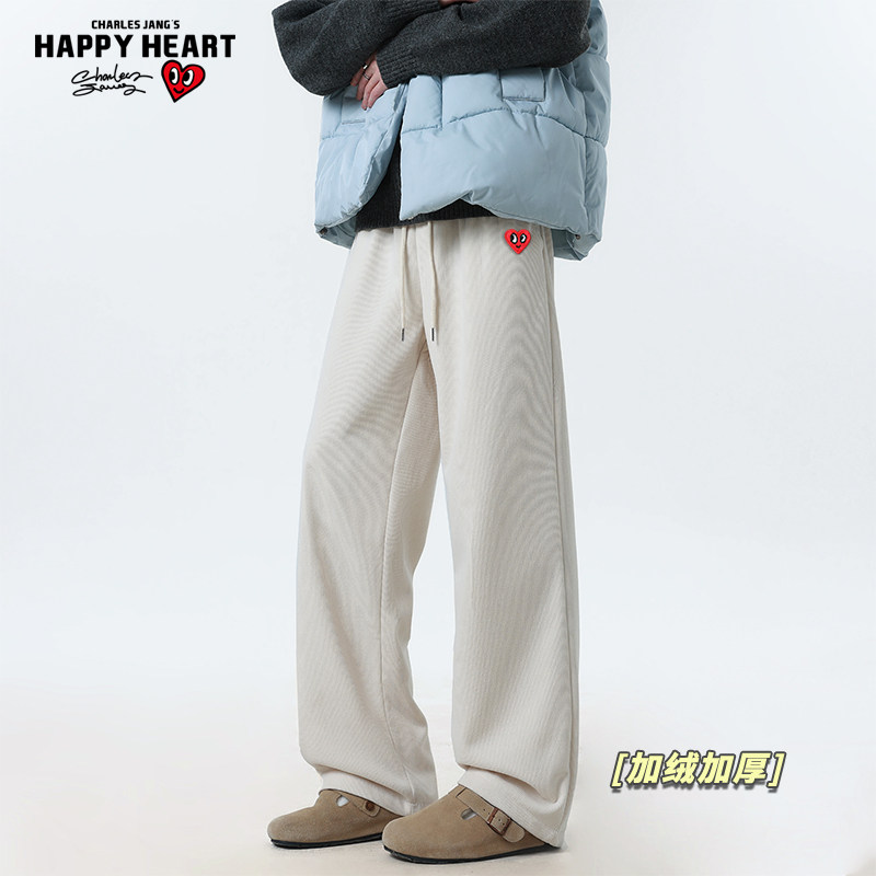 查尔斯桃心美式休闲卫裤男女冬季加绒加厚保暖直筒情侣运动长裤子