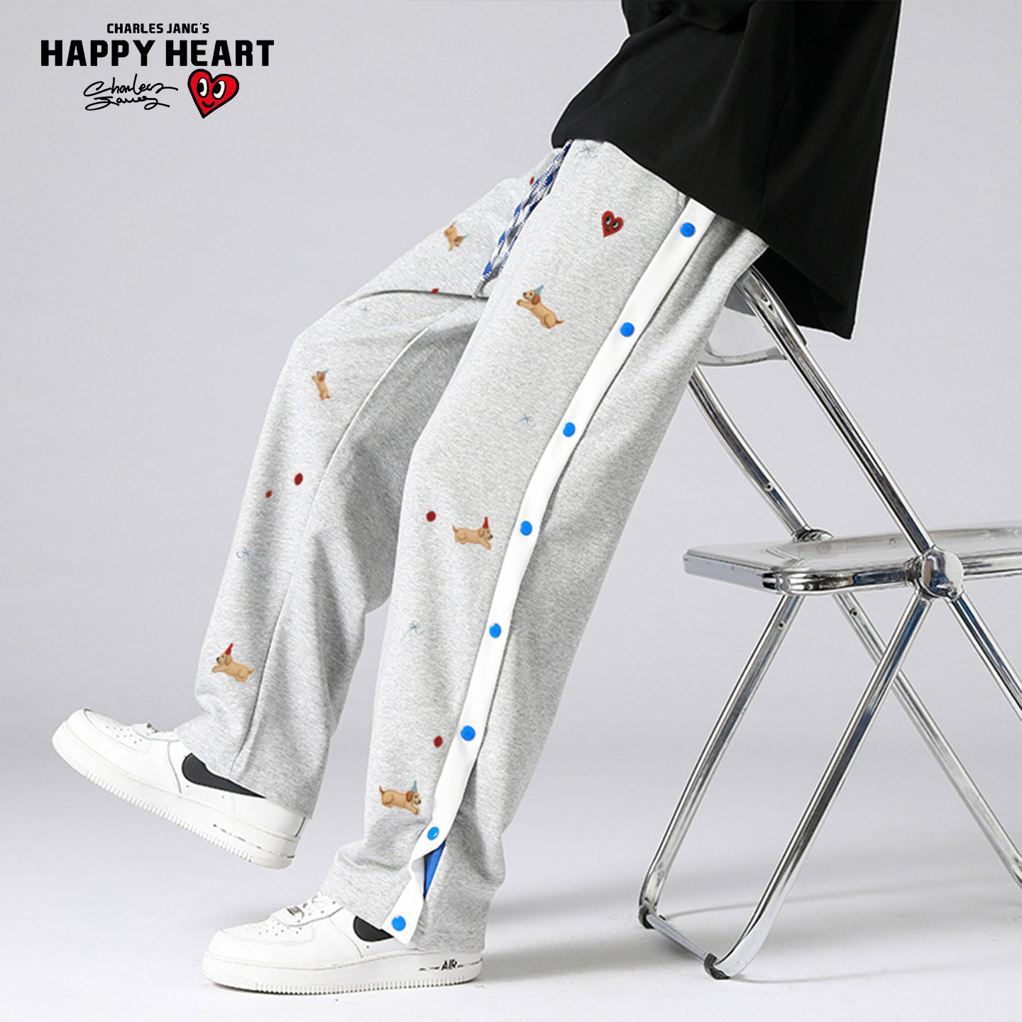 查尔斯桃心美式撞色排扣裤男女春夏宽松直筒百搭卫裤运动休闲长裤