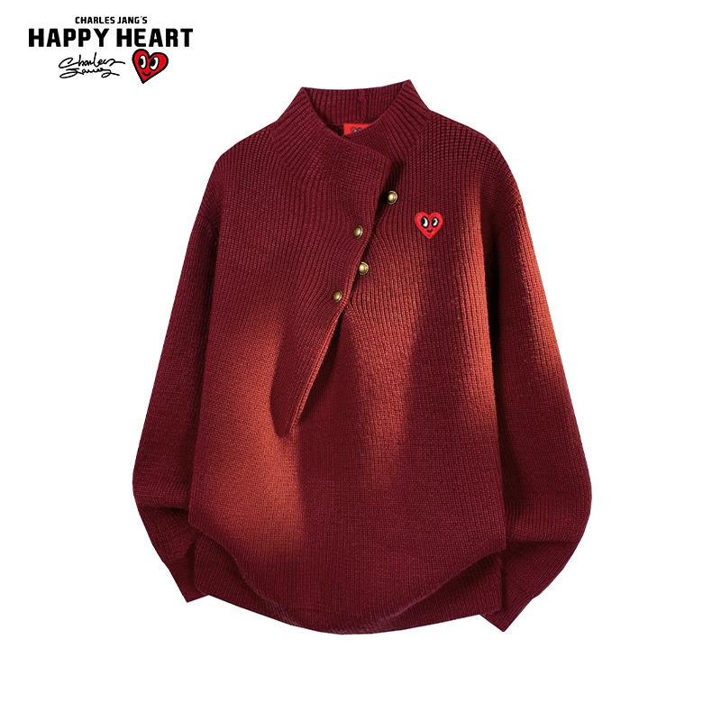 查尔斯桃心圣诞红色纽扣针织衫男女新款冬季