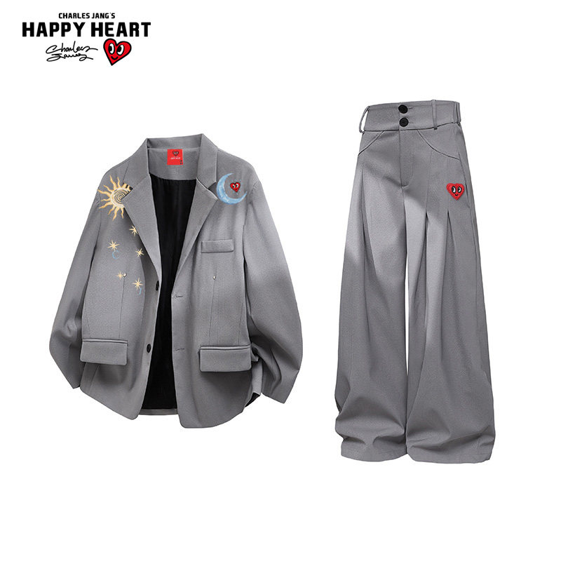 查尔斯桃心 日月印花学院风西装套装男女春秋季夹克外套直筒长裤,男装,休闲运动套装,淘宝优惠券,粉丝福利购,淘宝优惠卷