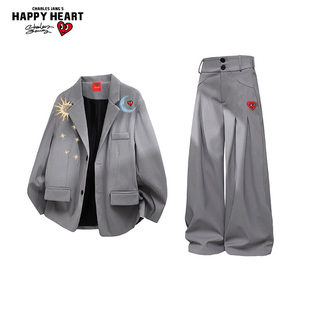 查尔斯桃心 日月印花学院风西装套装男女春秋季夹克外套直筒长裤