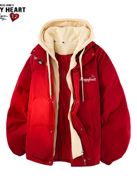 查尔斯桃心马年红色假两件85羽绒服男女冬季新款宽松休闲情侣外套