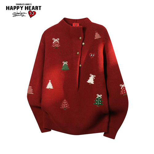 查尔斯桃心半高领圣诞树印花毛衣男女冬季保