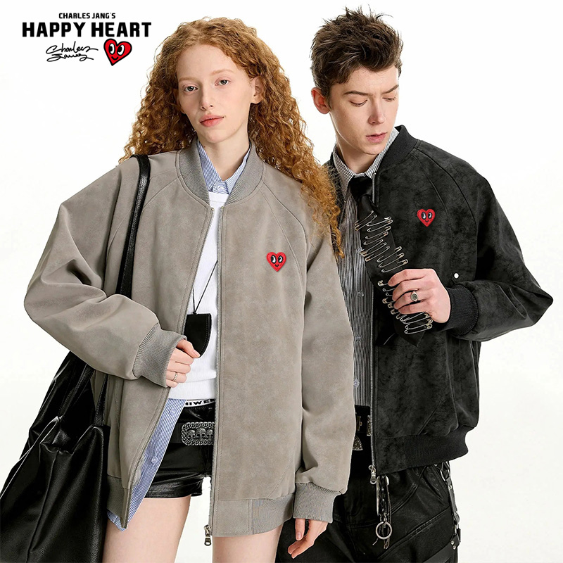 查尔斯桃心美式复古老钱风PU夹克