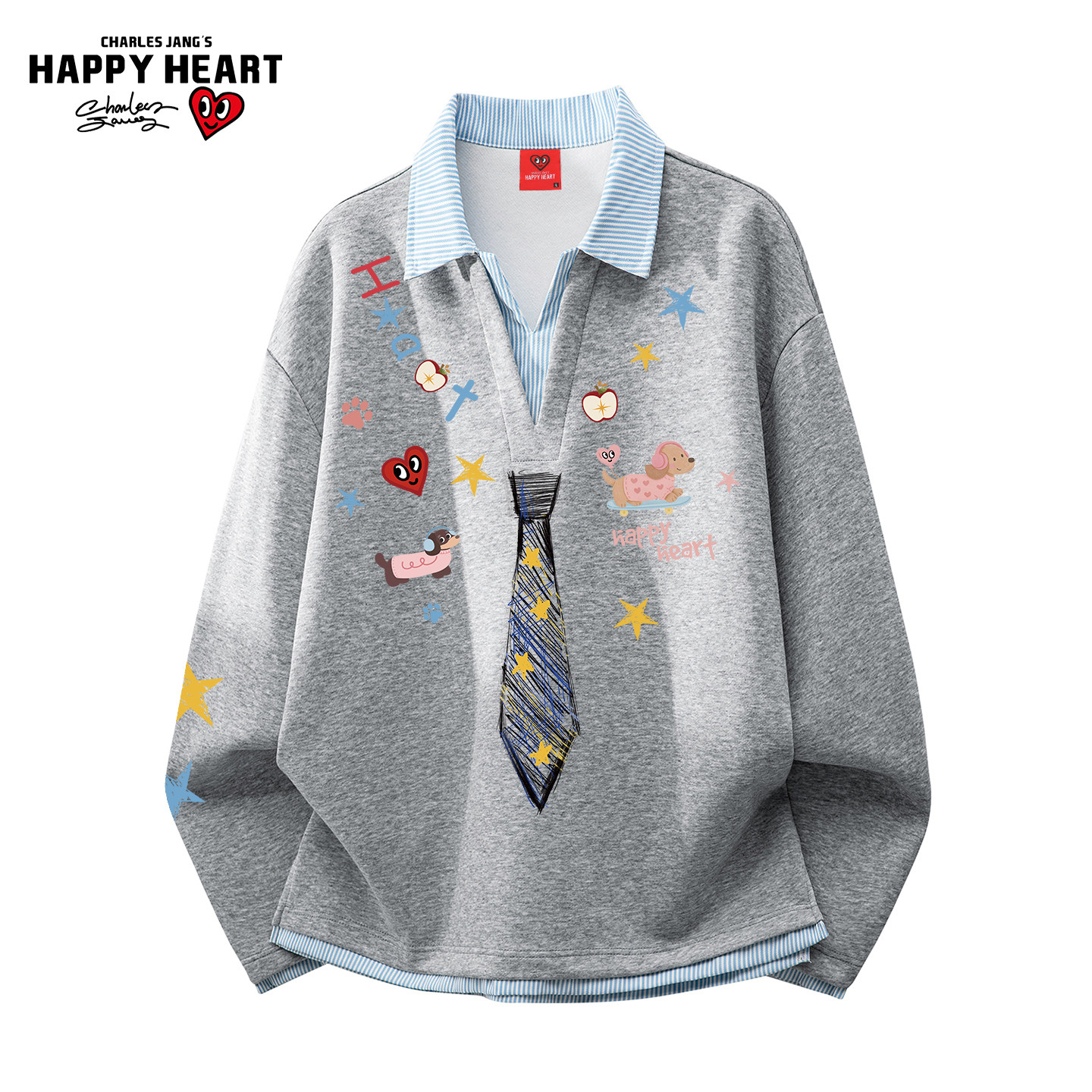 查尔斯桃心美式翻领假两件卫衣男秋冬季腊肠狗领带印花情侣上衣