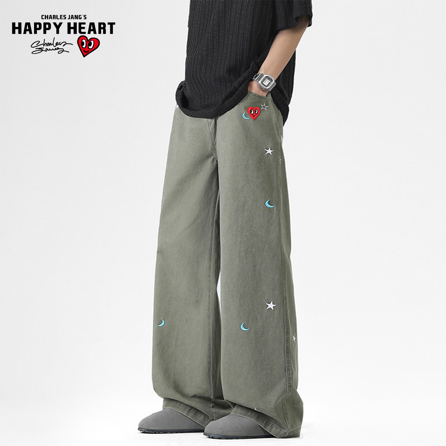 查尔斯桃心美式痞帅纯色休闲裤男女款潮流刺绣直筒百搭阔腿长裤,男装,休闲裤,淘宝优惠券,粉丝福利购,淘宝优惠卷