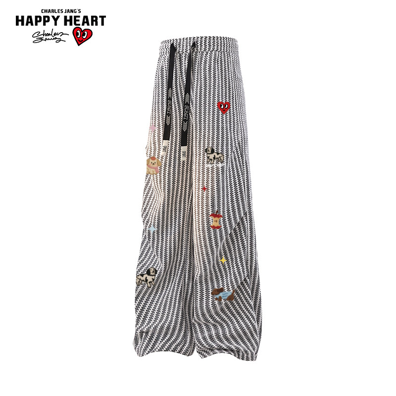 查尔斯桃心趣味印花条纹慵懒休闲裤男女春秋季新款百搭直筒长裤子