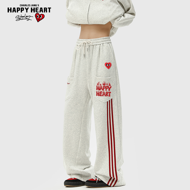 查尔斯桃心美式运动休闲卫裤秋季新款条纹宽松直筒情侣阔腿长裤子