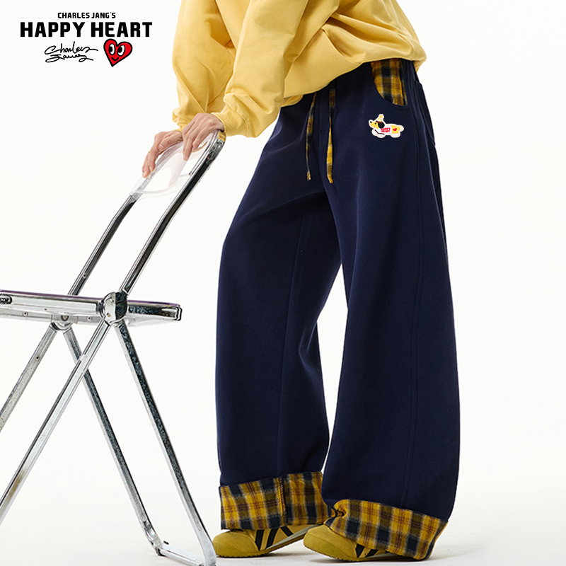 查尔斯桃心重磅腊肠狗卫裤男女秋季新款格纹撞色拼接宽松阔腿长裤