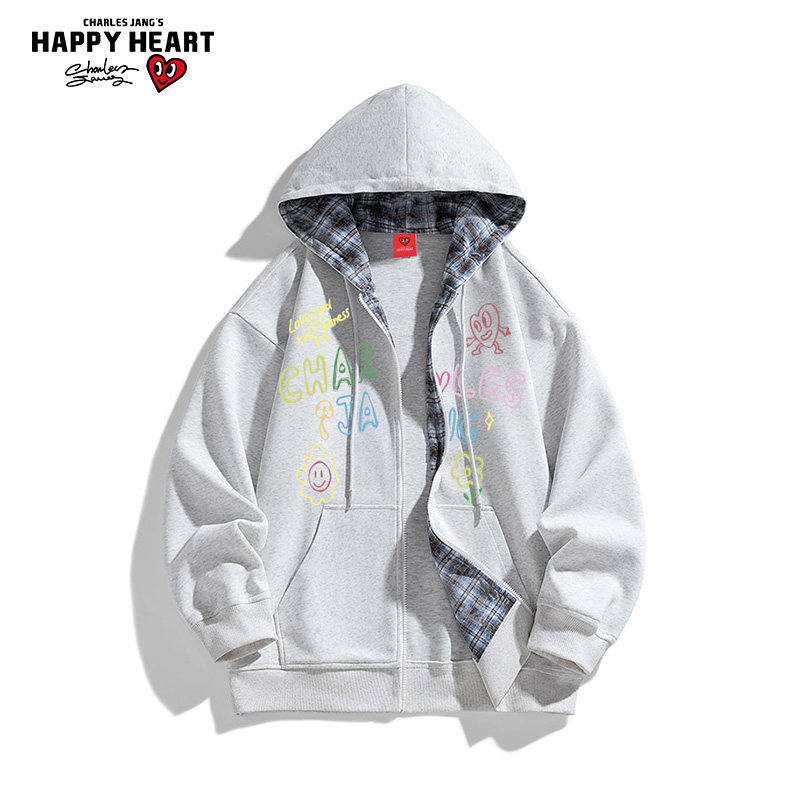 查尔斯桃心拼色格子彩色涂鸦连帽开衫卫衣男女秋冬季休闲情侣外套
