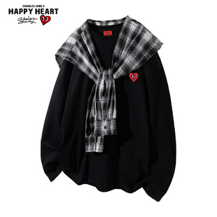 查尔斯桃心 撞色格纹披肩卫衣男圆领春秋季新款潮牌情侣宽松上衣