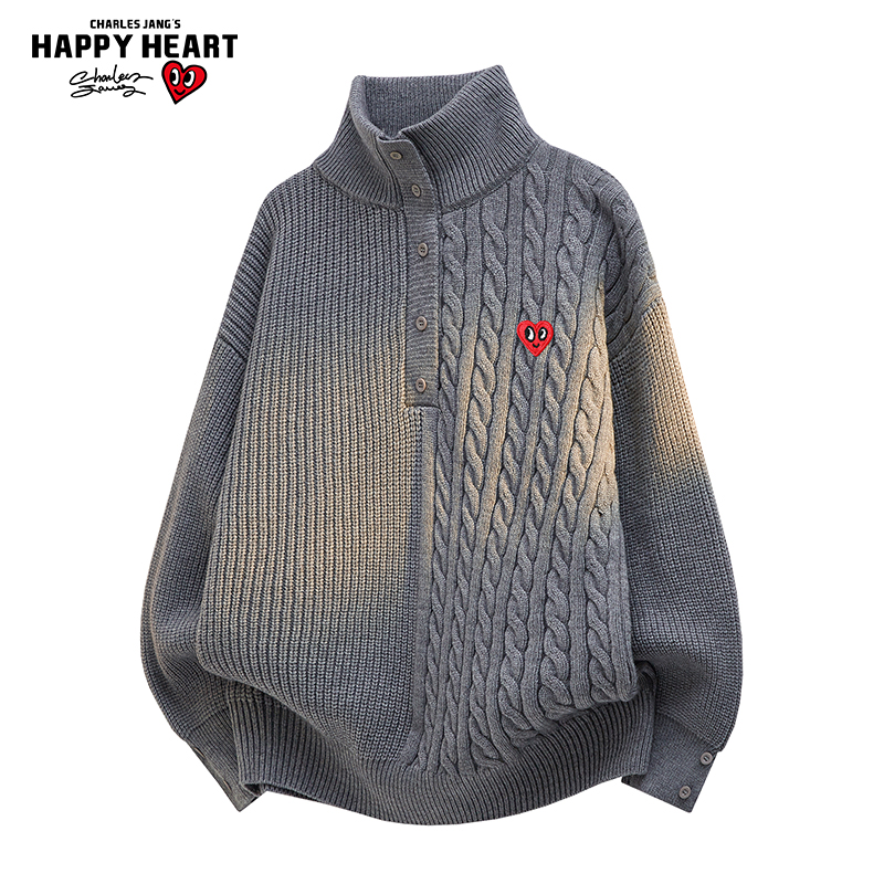 查尔斯桃心纽扣拼接半高领毛衣男