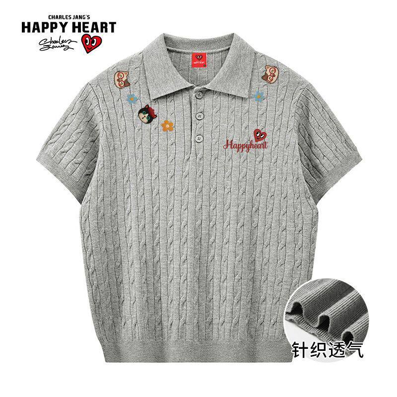 查尔斯桃心麻花纹趣味印花针织透气短袖polo衫男女夏季2026新款潮