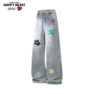 查尔斯桃心 美式高街花朵刺绣牛仔裤男女宽松直筒阔腿潮牌长裤子