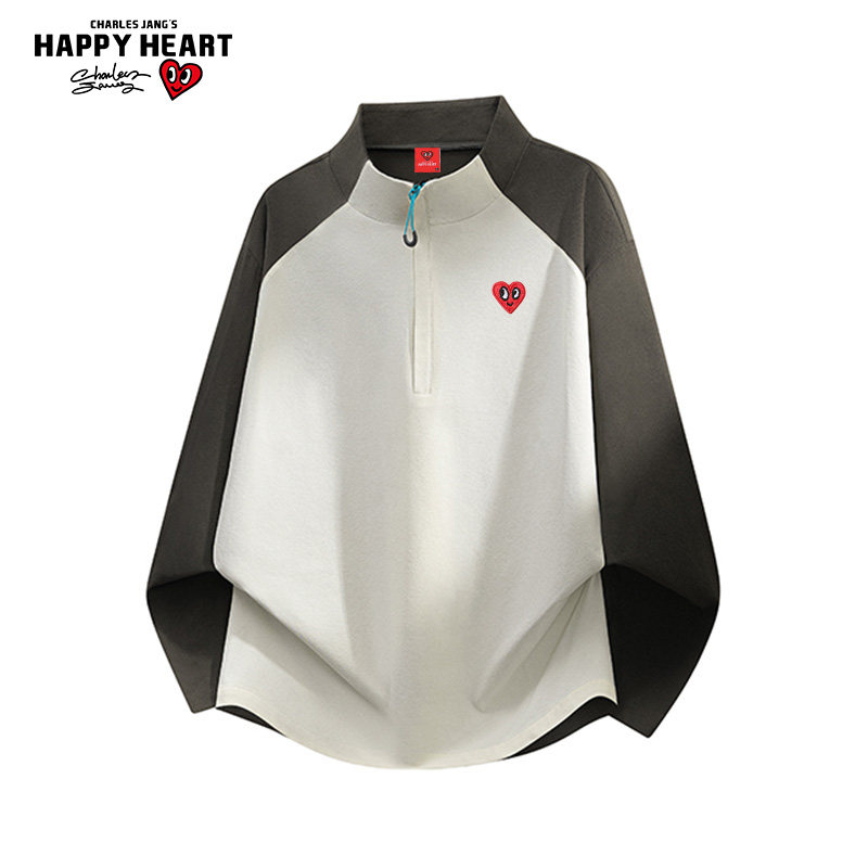 查尔斯桃心撞色拼接半拉链立领卫衣男春秋季百搭休闲运动情侣上衣