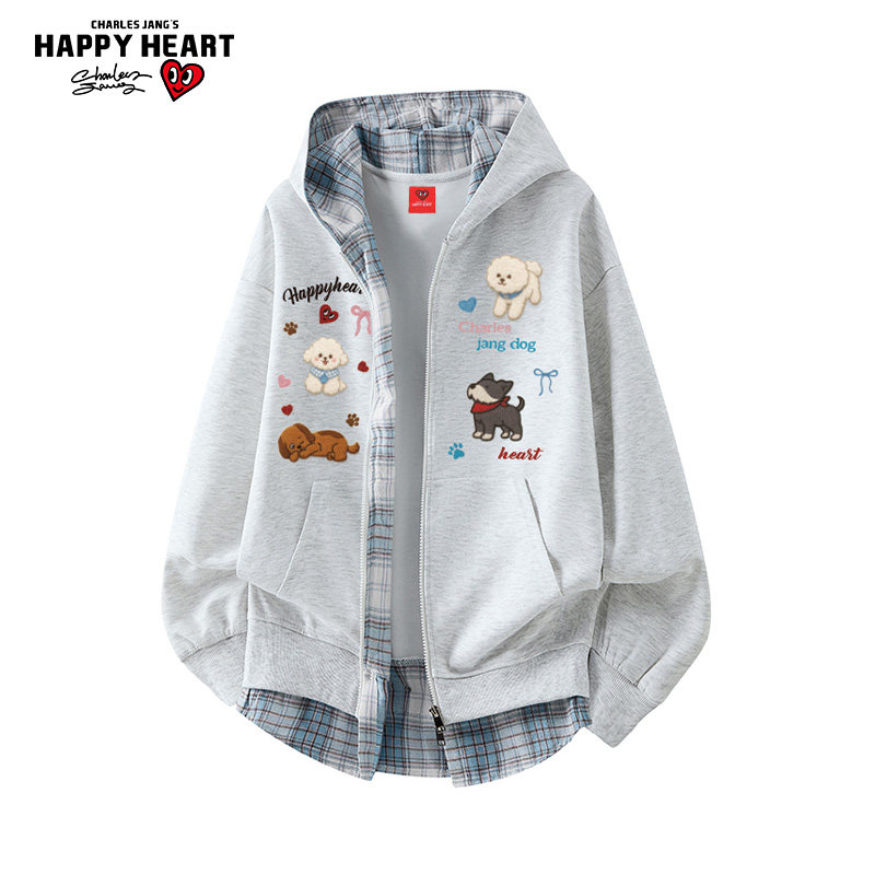 查尔斯桃心美式假两件复古格子拼接连帽开衫卫衣男女秋冬小狗外套