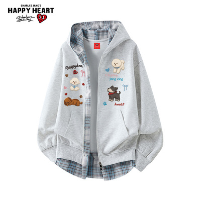 查尔斯桃心美式格子连帽开衫卫衣