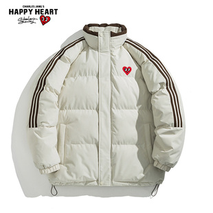 查尔斯桃心美式撞色立领条纹棉衣男女冬季运动风情侣休闲棉服外套