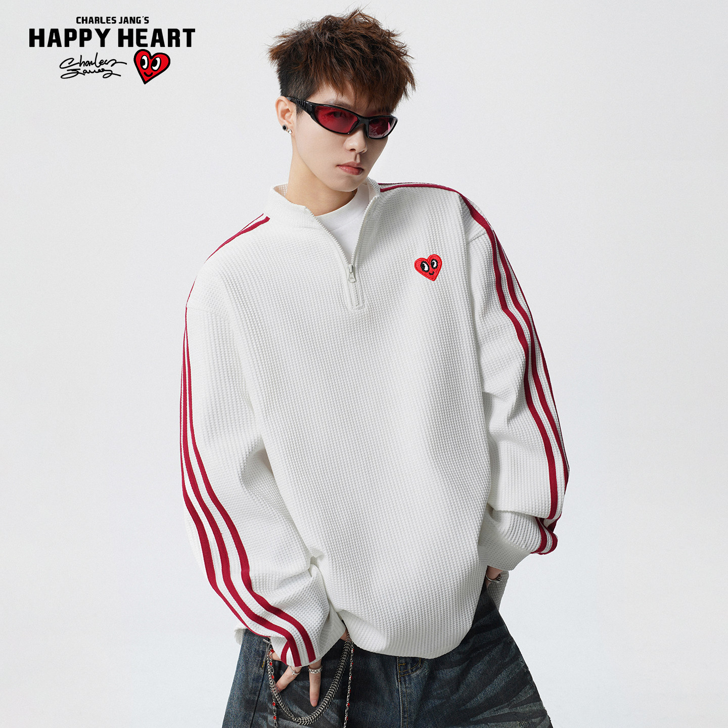 查尔斯桃心圆领卫衣男女春秋撞色条纹半拉链设计感学院风运动上衣