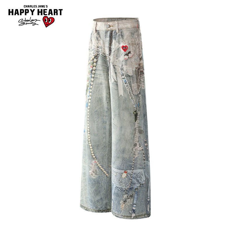 查尔斯桃心美式复古牛仔裤男珍珠链条印花春秋季直筒弯刀阔腿长裤,男装,牛仔裤,淘宝优惠券,粉丝福利购,淘宝优惠卷