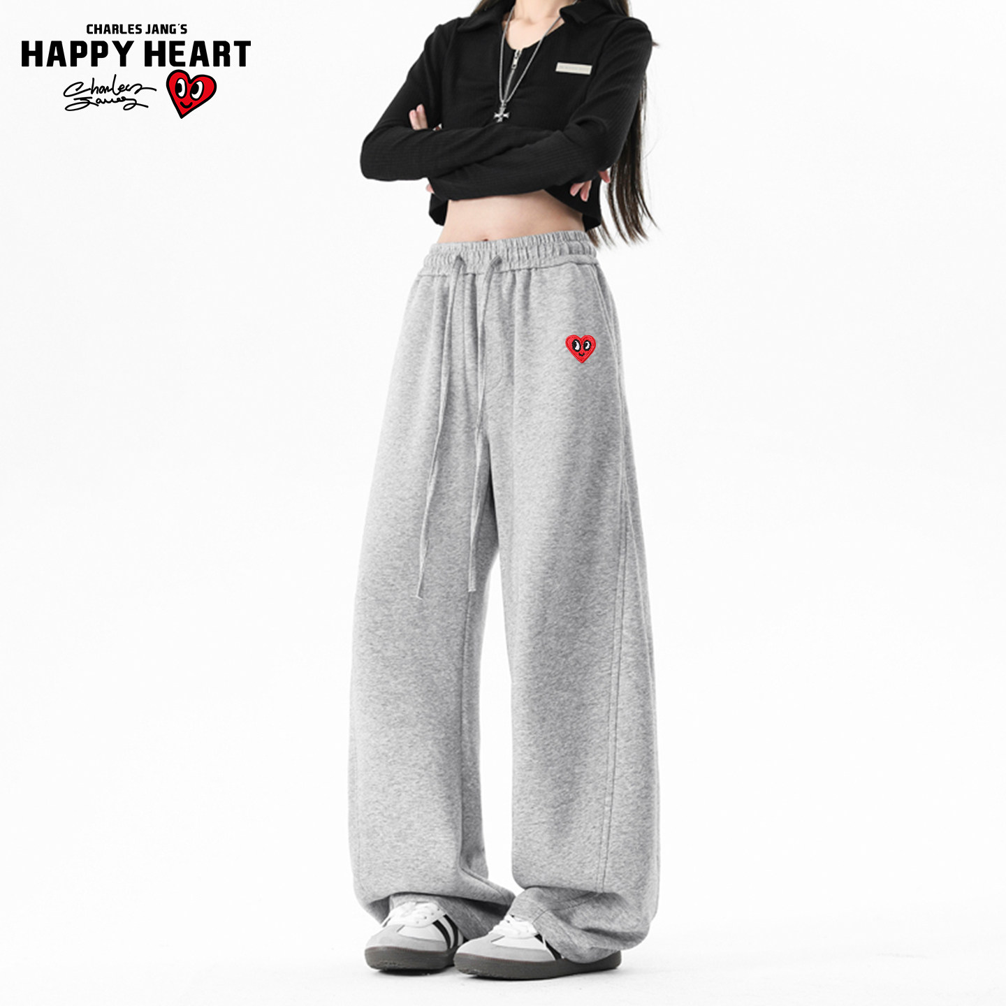 查尔斯桃心 美式加绒弯刀卫裤男女春秋冬季加绒阔腿休闲香蕉裤子