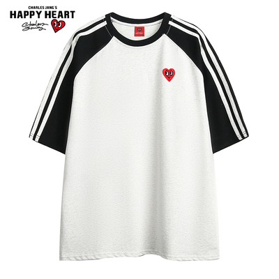 查尔斯桃心 插肩袖拼色条纹短袖T恤男女夏季新款纯棉落肩情侣半袖