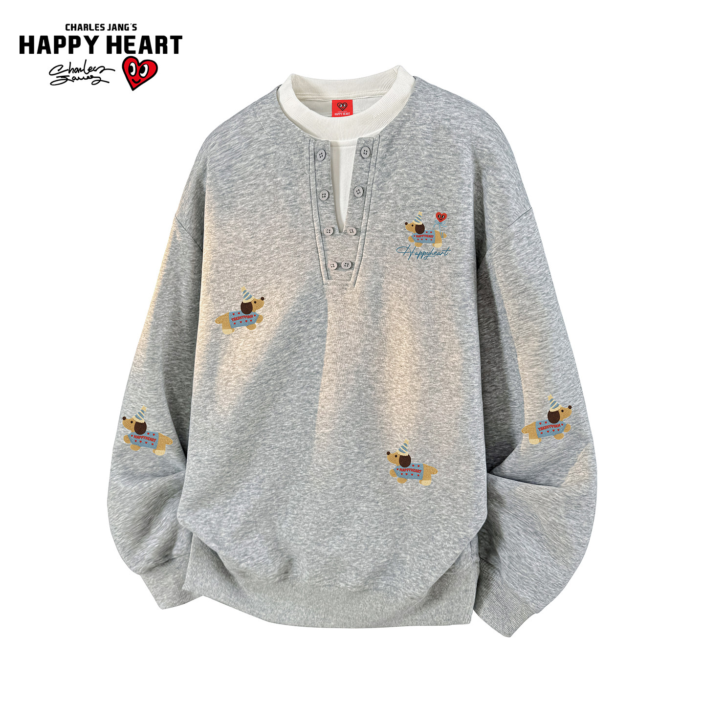 查尔斯桃心假两件亨利领卫衣男秋冬季撞色拼接腊肠狗印花情侣上衣