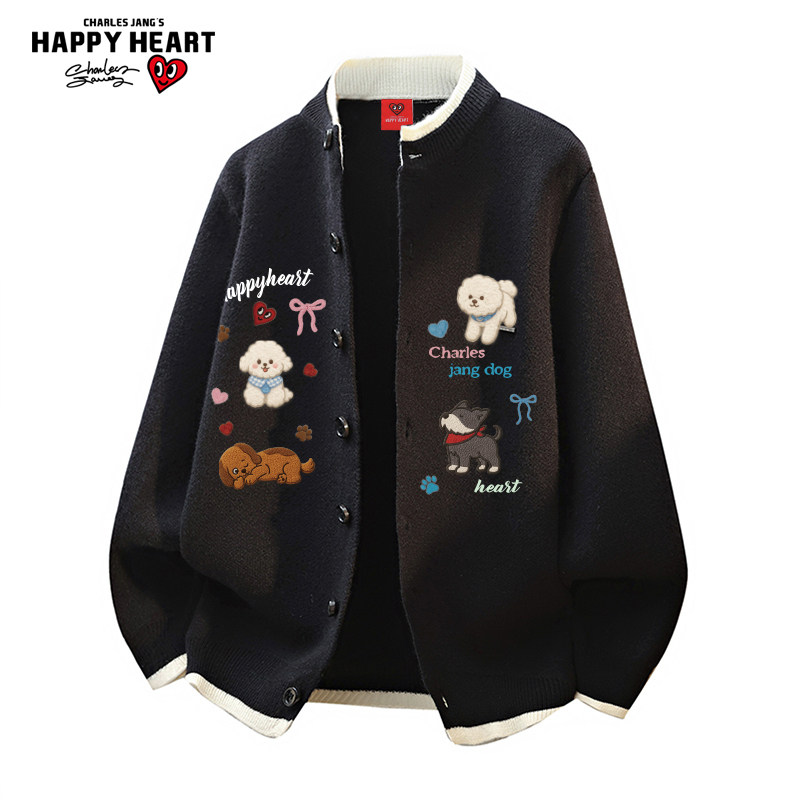查尔斯桃心 假两件宠物狗印花开衫毛衣男冬季撞色拼接针织衫外套,男装,针织衫/毛衣,淘宝优惠券,粉丝福利购,淘宝优惠卷