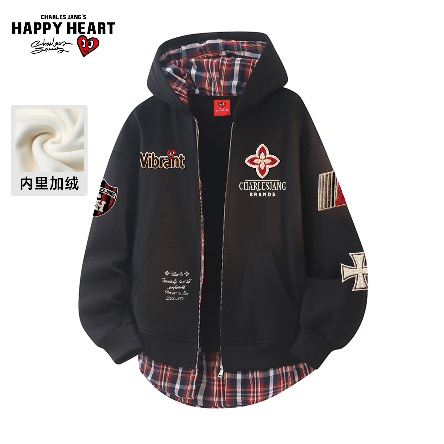 查尔斯桃心美式格纹加绒加厚开衫卫衣男冬季新款假两件情侣外套潮