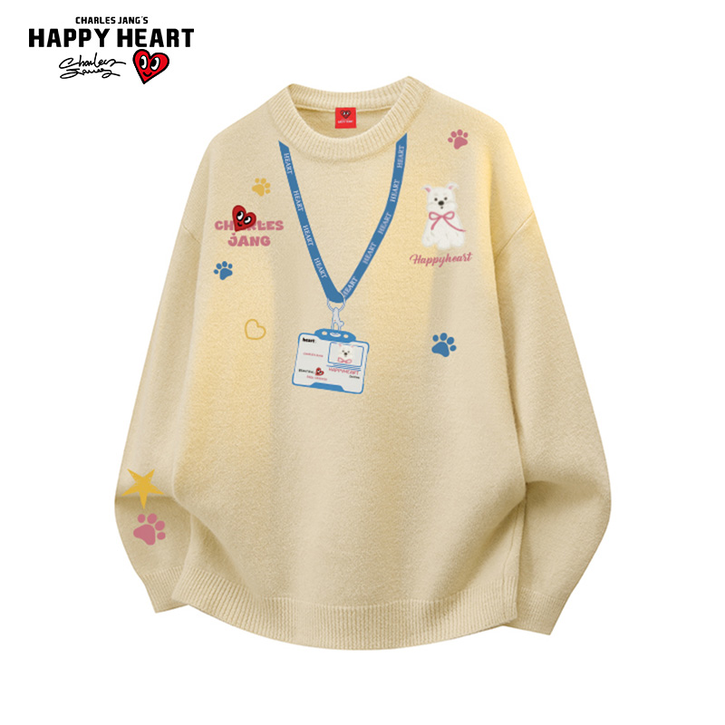 查尔斯桃心卡通涂鸦绵羊绒毛衣