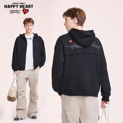 查尔斯桃心 手绘字母连帽开衫卫衣男女同款春秋季宽松休闲长袖