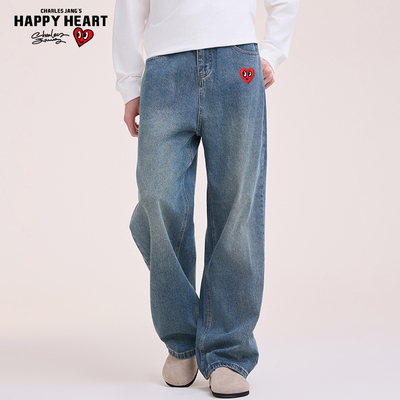 查尔斯桃心 美式复古牛仔裤男女春秋季宽松水洗直筒休闲长裤子
