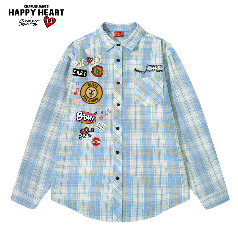查尔斯桃心趣味卡通印花翻领格子长袖衬衫男女春秋慵懒风情侣外套