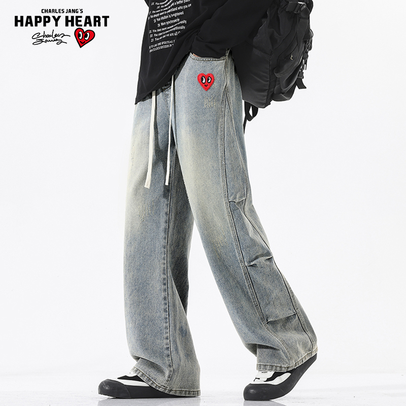 查尔斯桃心 美式牛仔裤男春秋季水洗阔腿宽松直筒褶皱高街长裤子