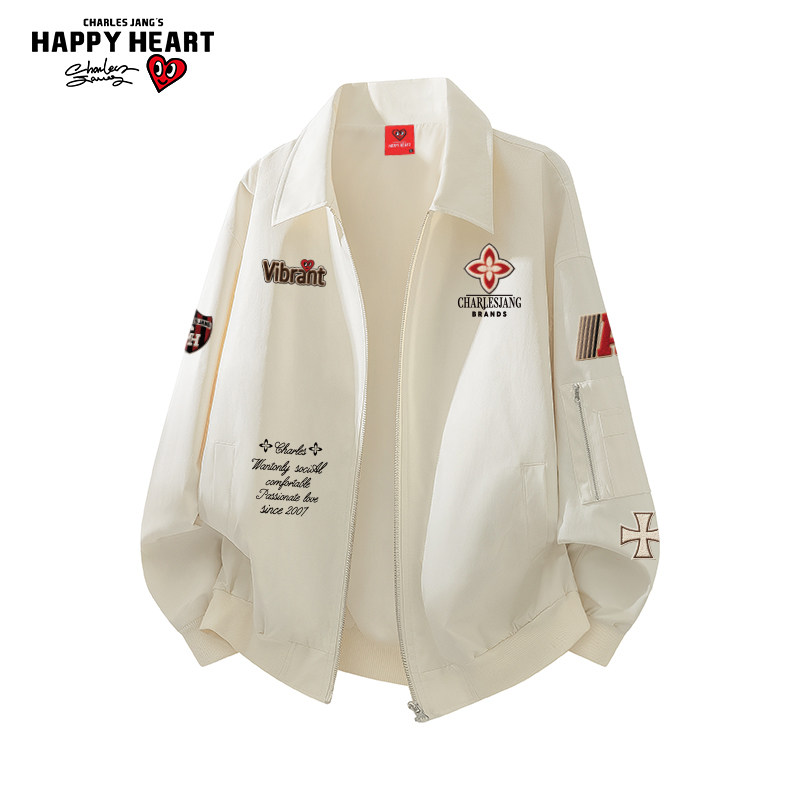 查尔斯桃心美式徽章印花翻领休闲夹克男女春秋季百搭情侣运动外套