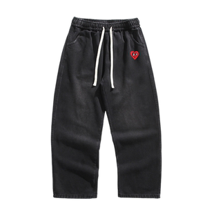 查尔斯桃心 美式水洗磨白牛仔裤男2025春秋新款复古宽松直筒阔腿