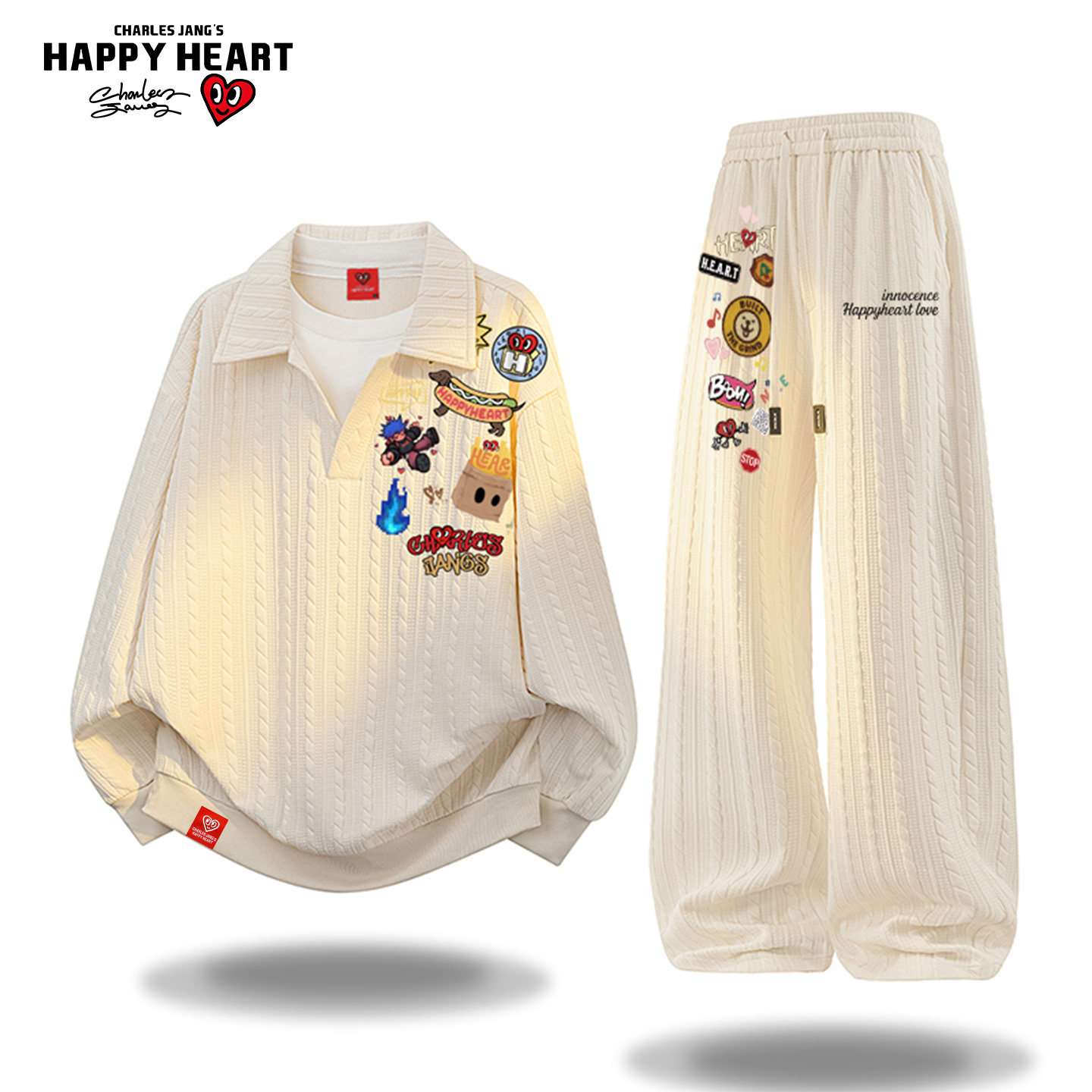 查尔斯桃心美式动漫印花纹理卫衣休闲套装男秋季宽松运动情侣长裤