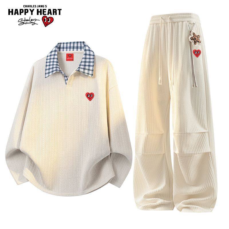 查尔斯桃心美式撞色格子拼接提花翻领卫衣套装春秋男女长裤两件套,男装,休闲运动套装,淘宝优惠券,粉丝福利购,淘宝优惠卷