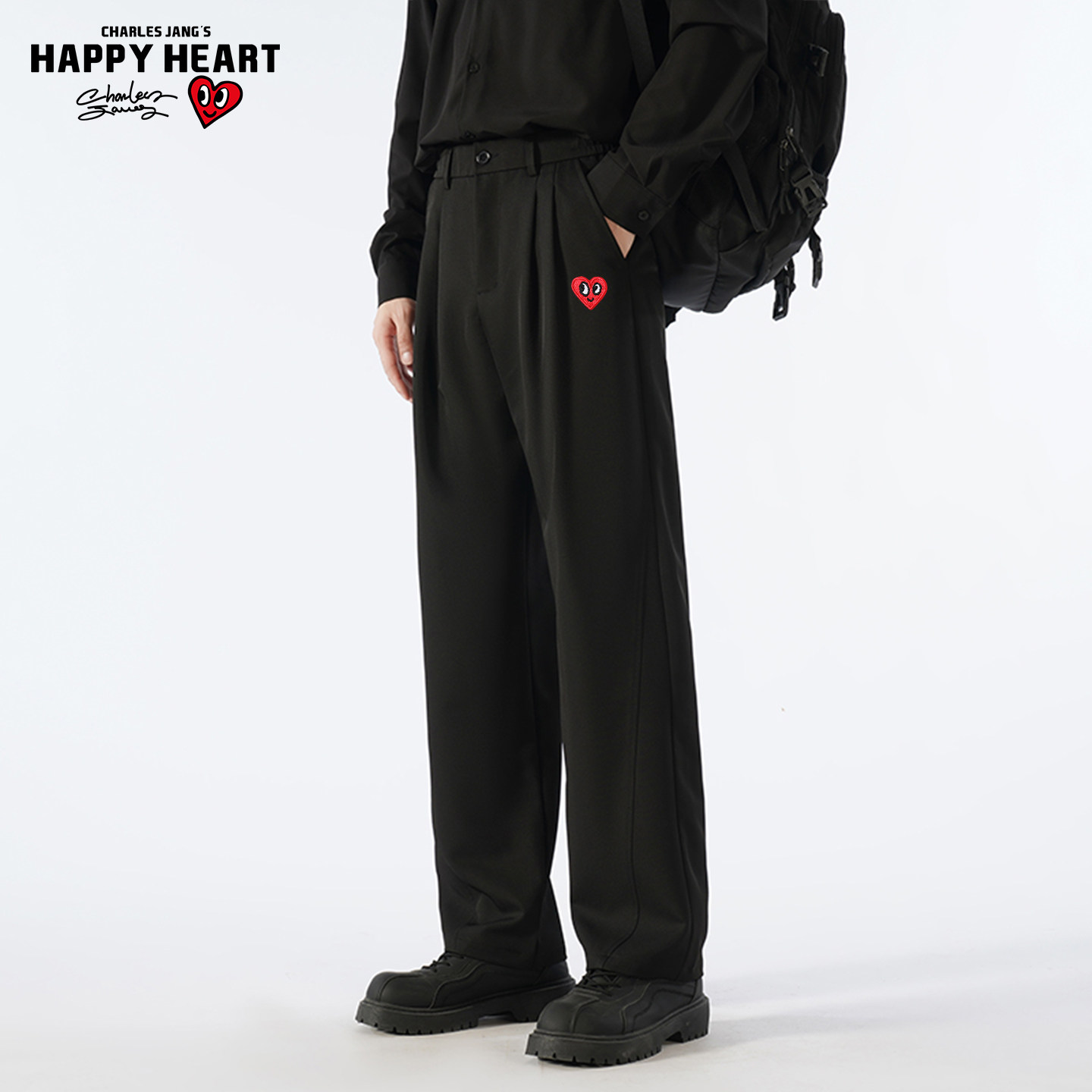 查尔斯桃心 黑色褶皱垂感小西裤男士春秋季宽松直筒休闲长裤子女